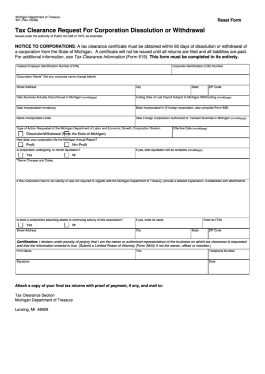 Fillable Form 501 - Tax Clearance Request For Corporation Dissolution Or Withdrawal Printable pdf