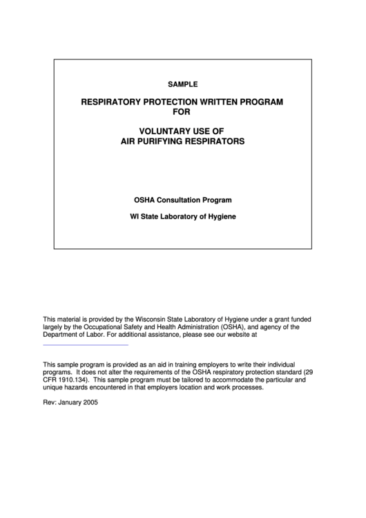 Respiratory Protection Written Program Template - Voluntary Use Of Air Purifying Respirators Printable pdf