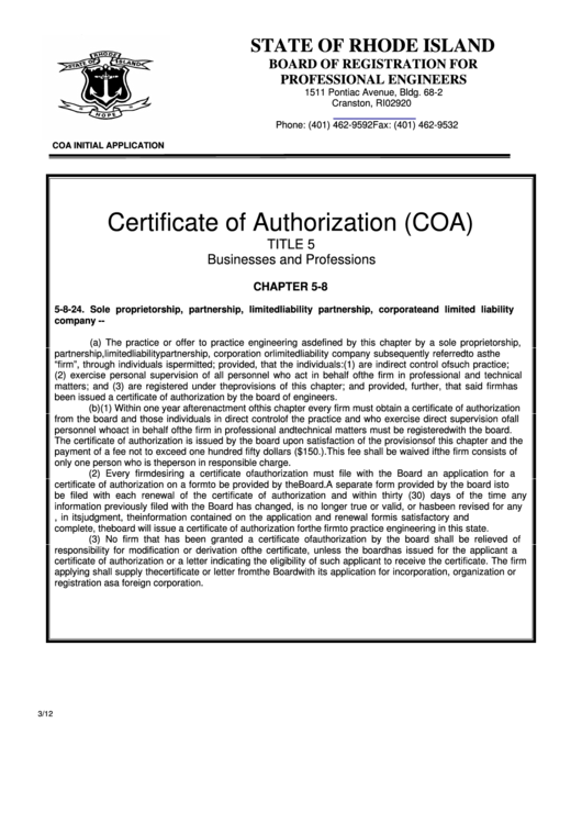 Certificate Of Authorization Initial Application - State Of Rhode Island Board Of Registration For Professional Engineers Printable pdf