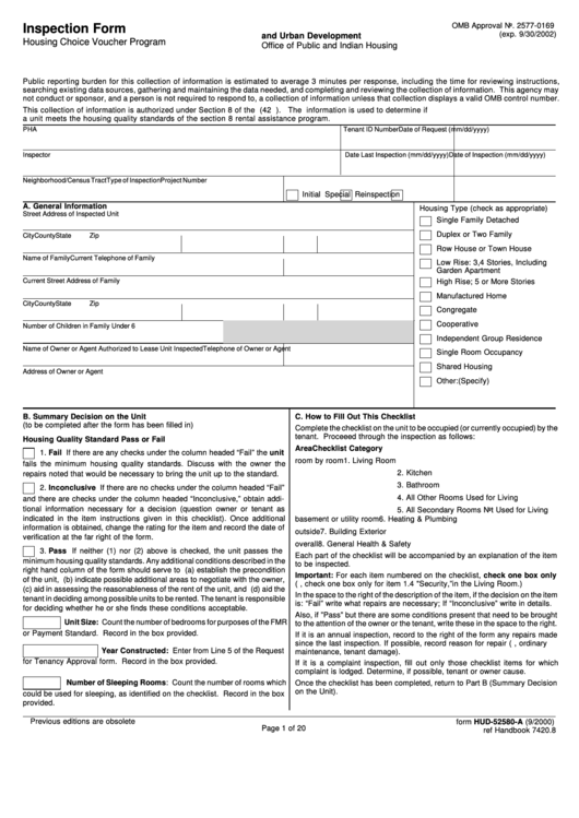 Fillable Form Hud-52580-A - Inspection Form Printable pdf