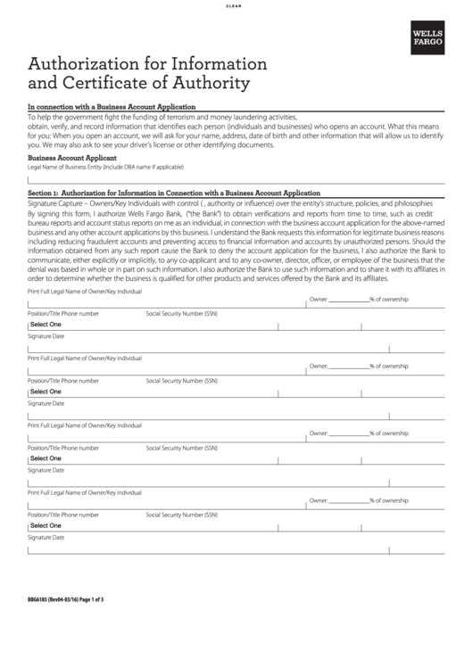 Fillable Form Bbg6185 - Authorization For Information And Certificate Of Authority Printable pdf