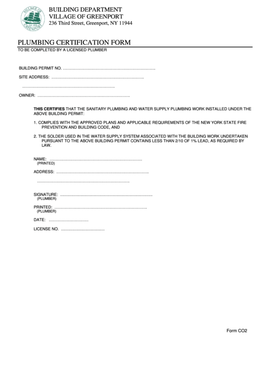 Form Co2 - Plumbing Certification Form Printable pdf