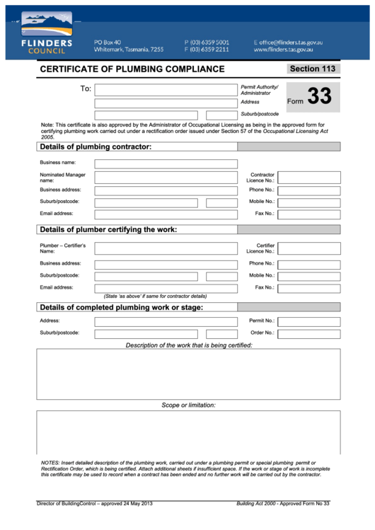 Form 33 - Certificate Of Plumbing Compliance Printable pdf