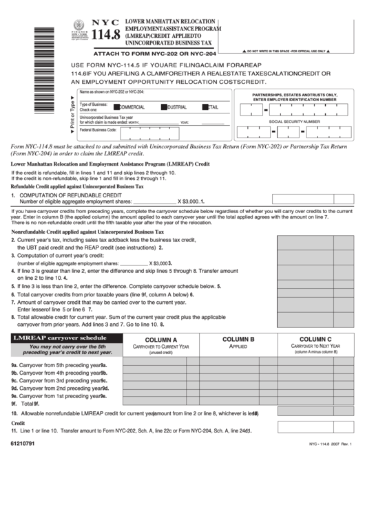 Form Nyc 114.8 - Lower Manhattan Relocation Employmentassistanceprogram (Lmreap) Credit Applied To Unincorporated Business Tax - 2007 Printable pdf