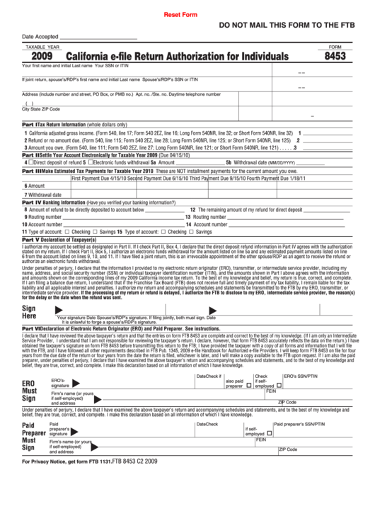 Fillable Form 8453 - California E-File Return Authorization For Individuals - 2009 Printable pdf