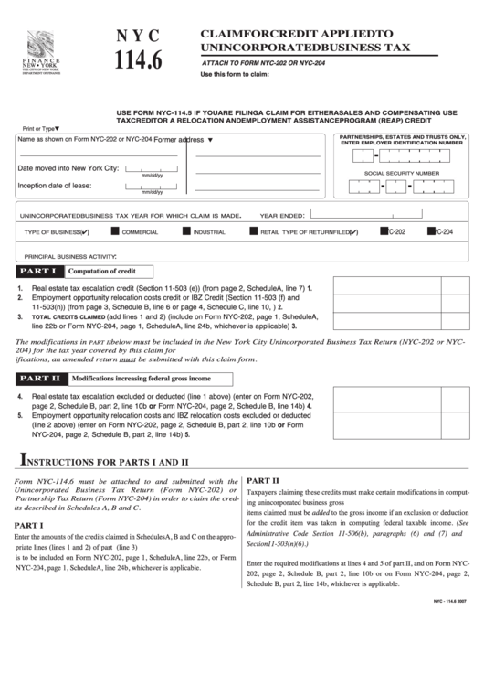 Form Nyc-114.6 - Claim For Credit Applied To Unincorporated Business Tax - 2007 Printable pdf
