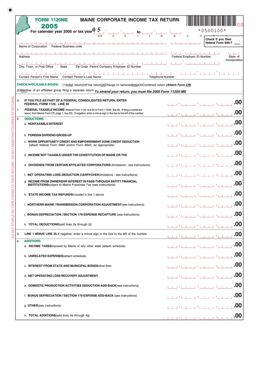 Form 1120me - Maine Corporate Income Tax Return - 2005 Printable pdf