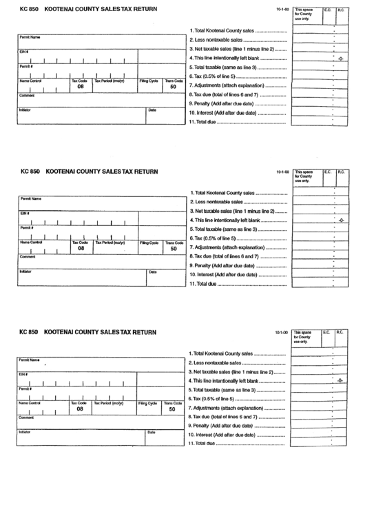 Form Kc 850 - Kootenai County Sales Tax Return Printable pdf