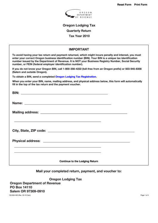 Form 150-604-002 - Quarterly Return - 2010 Printable pdf
