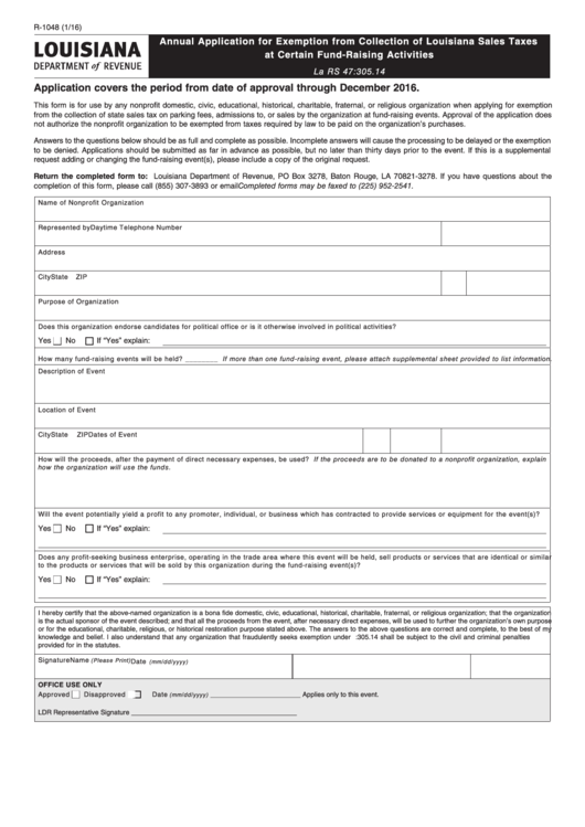 Form R-1048 - Annual Application For Exemption From Collection Of Louisiana Sales Taxes At Certain Fund-raising Activities - 2016