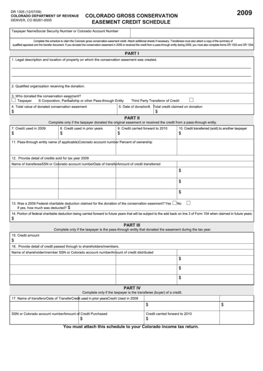 Fillable Form Dr 1305 - Colorado Gross Conservation Easement Credit Schedule - 2009 Printable pdf