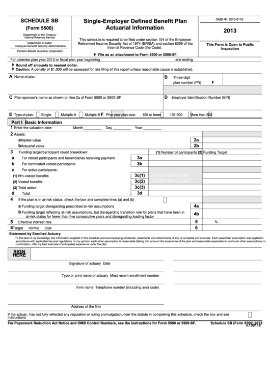 Schedule Sb (Form 5500) - Single-Employer Defined Benefit Plan Actuarial Information - 2013 Printable pdf