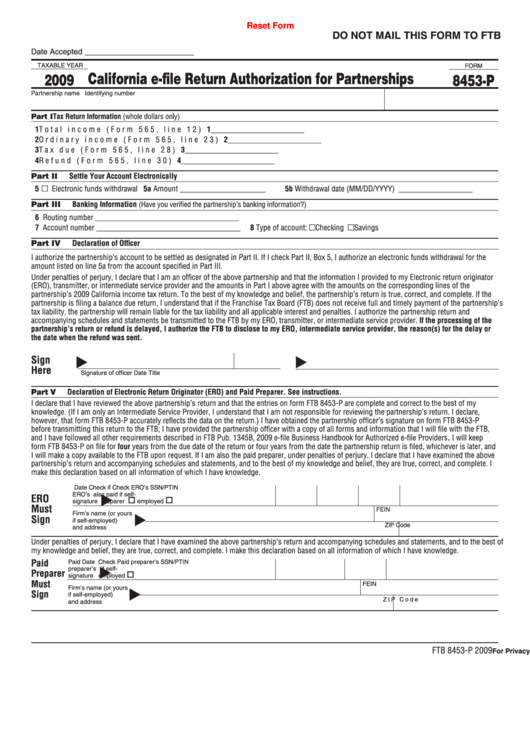 Fillable Form 8453-P - California E-File Return Authorization For Partnerships - 2009 Printable pdf