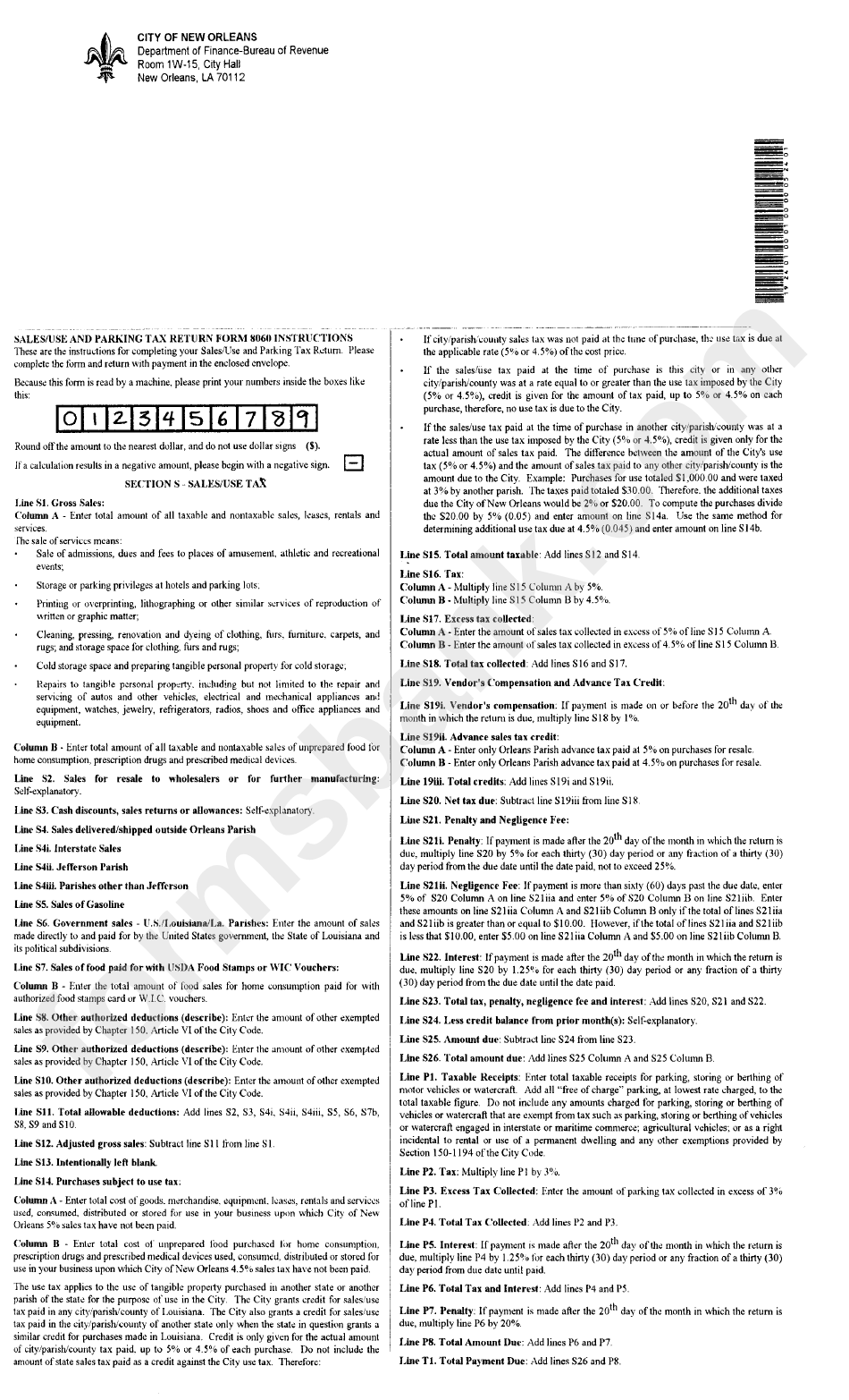 Sales/use And Parking Tax Return Form 8060 Instructions - City Of New Orleans