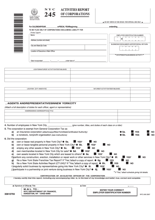 Fillable Form Nyc 245 - Activities Report Of Corporations - 2007 Printable pdf