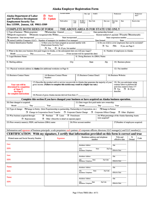 Form Treg - Alaska Employer Registration Form - 2017 Printable pdf