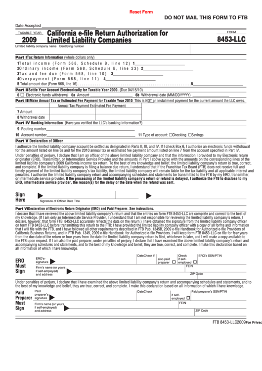 Fillable Form 8453-Llc - California E-File Return Authorization For Limited Liability Companies - 2009 Printable pdf