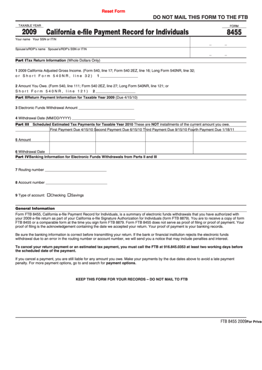 Fillable Form 8455 - California E-File Payment Record For Individuals - 2009 Printable pdf
