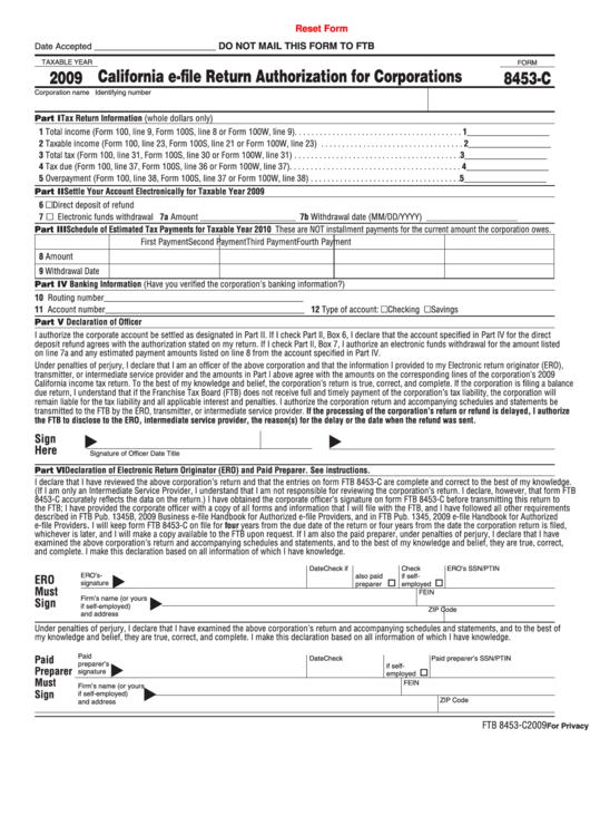 Fillable Form 8453-C - California E-File Return Authorization For Corporations - 2009 Printable pdf