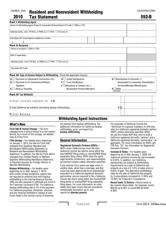 Fillable California Form 592-B - Resident And Nonresident Withholding Tax Statement - 2010 Printable pdf