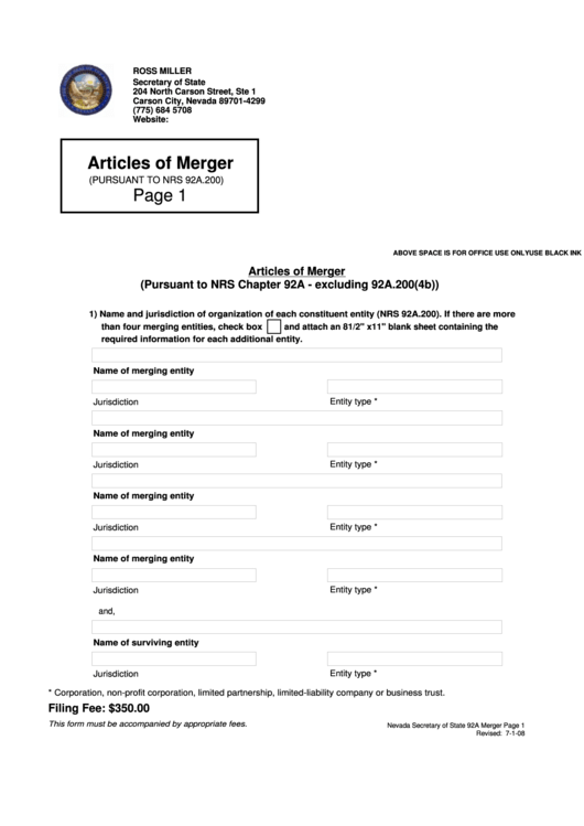 Fillable Form 92a - Articles Of Merger - Nevada Secretary Of State Printable pdf