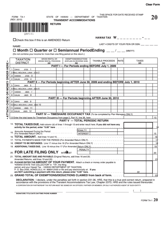 Fillable Form Ta-1 - Transient Accommodations Periodic Tax Return - 2015 Printable pdf