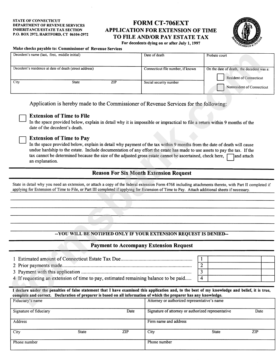 Form Ct-706ext - Application For Extension Of Time To File And/or Pay Estate Tax