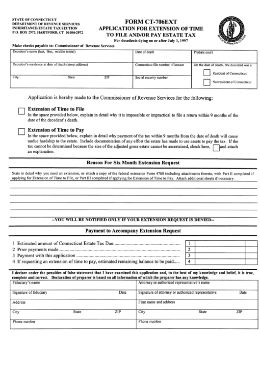 Form Ct-706ext - Application For Extension Of Time To File And/or Pay Estate Tax Printable pdf