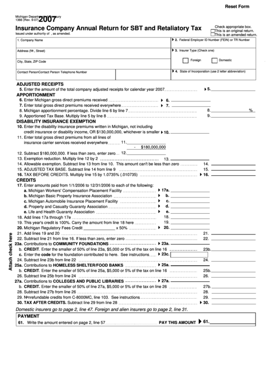 Fillable Form 1366 - Insurance Company Annual Return For Sbt And Retaliatory Tax - 2007 Printable pdf