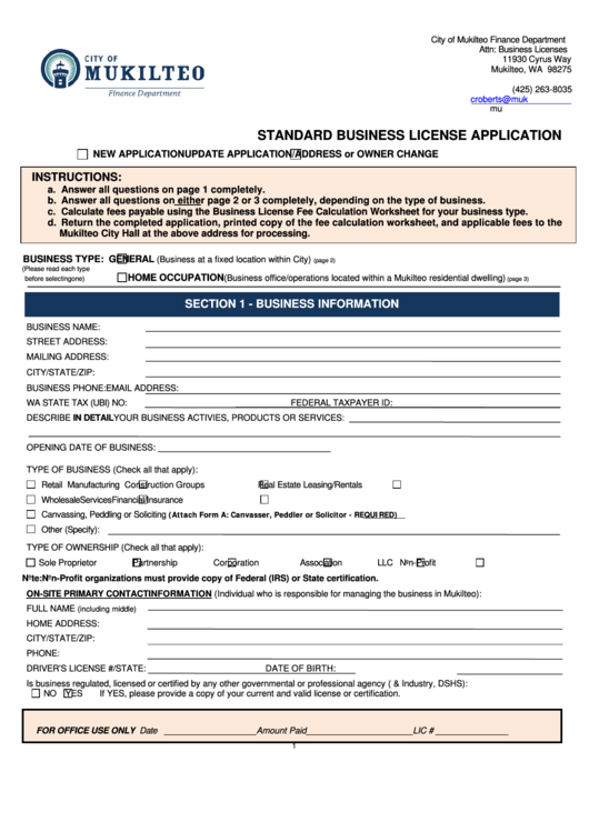 Fillable Standard Business License Application - City Of Mukilteo Finance Department Printable pdf