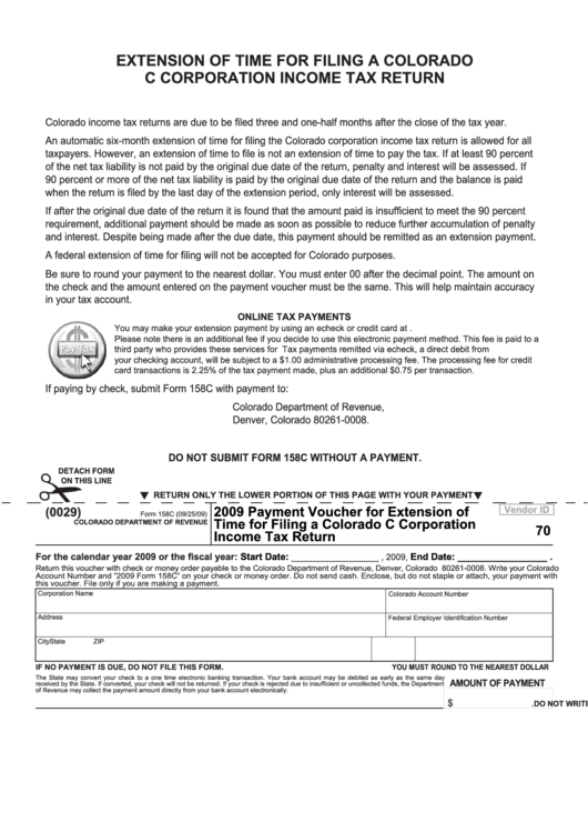 Fillable Form 158c - Payment Voucher For Extension Of Time For Filing A Colorado C Corporation Income Tax Return - 2009 Printable pdf