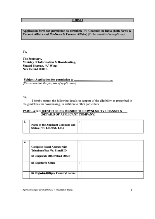 Form 1 - Application Form For Permission To Downlink Tv Channels In India Printable pdf