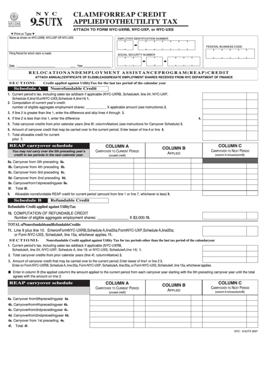 Form Nyc 9.5utx - Claim For Reap Credit Applied To The Utility Tax - 2007 Printable pdf