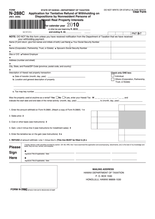 Fillable Form N-288c - Application For Tentative Refund Of Withholding On Dispositions By Nonresident Persons Of Hawaii Real Property Interests - 2010 Printable pdf