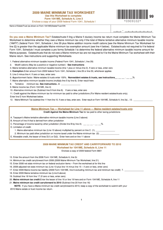 Maine Minimum Tax Worksheet - 2009 Printable pdf