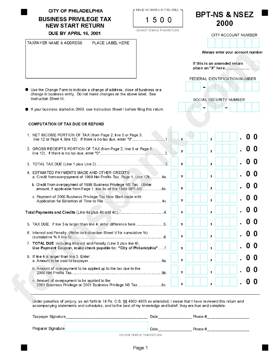 Form Bpt Nsez 2000 Business Privilige Tax New Start Return City Of 