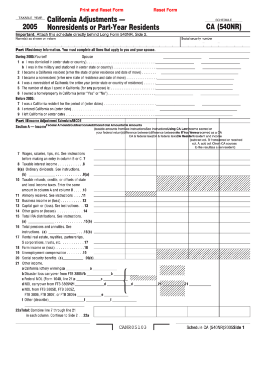 Fillable Schedule Ca (Form 540nr) - California Adjustments - Nonresidents Or Part-Year Residents - 2005 Printable pdf