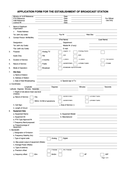 Application Form For The Establishment Of Broadcast Station