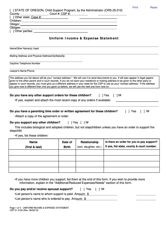Fillable Form Csf 01 0100 - Uniform Income & Expense Statement Printable pdf