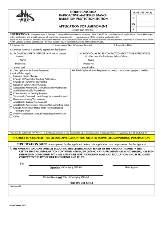 Application For Amendment - North Carolina Radioactive Materials Branch Printable pdf