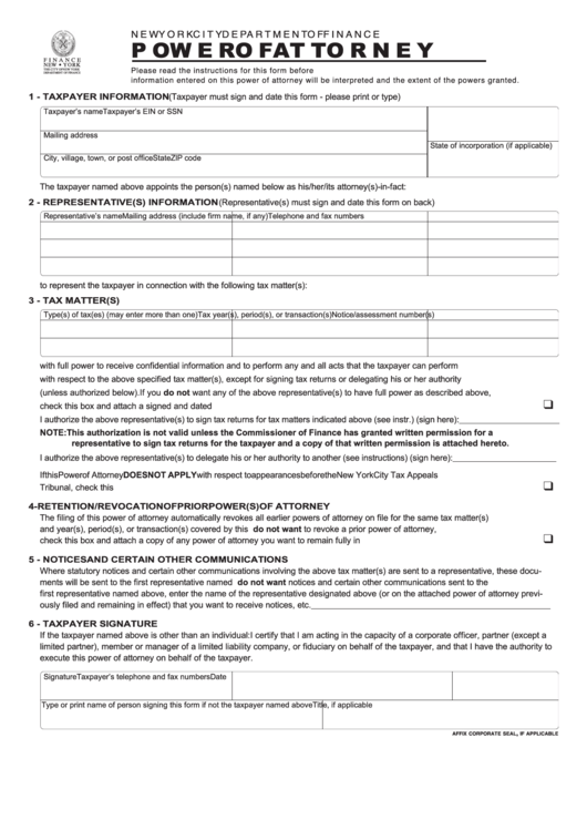 Fillable Form Nyc-Pa - Power Of Attorney Printable pdf