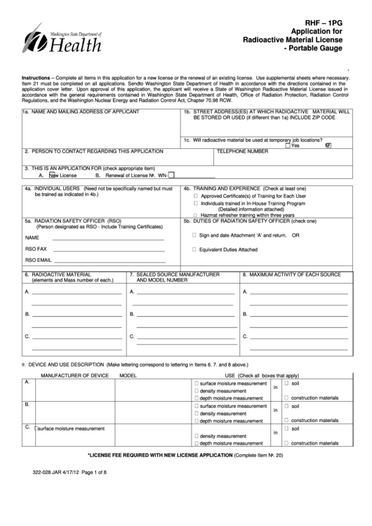Form Rhf - 1pg - Application For Radioactive Material License - Portable Gauge Printable pdf