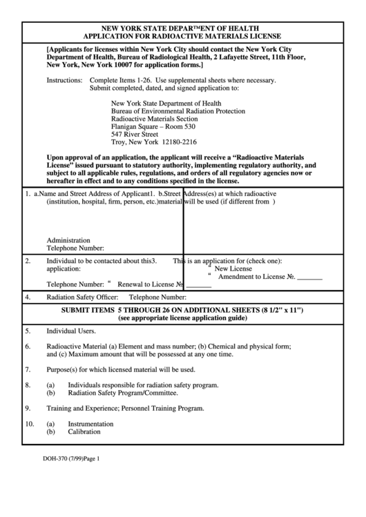 Form Doh-370 - Application For Radioactive Materials License Printable pdf
