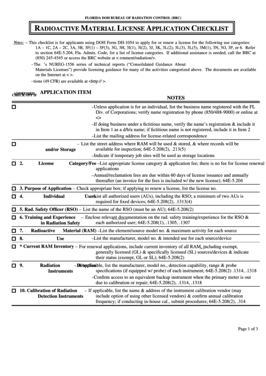 Radioactive Material License Application Checklist - Florida Doh Bureau Of Radiation Control (Brc) Printable pdf