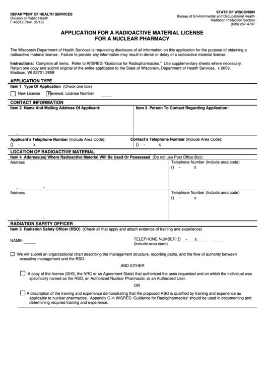 Form F-45012 - Application For A Radioactive Material License For A Nuclear Pharmacy Printable pdf