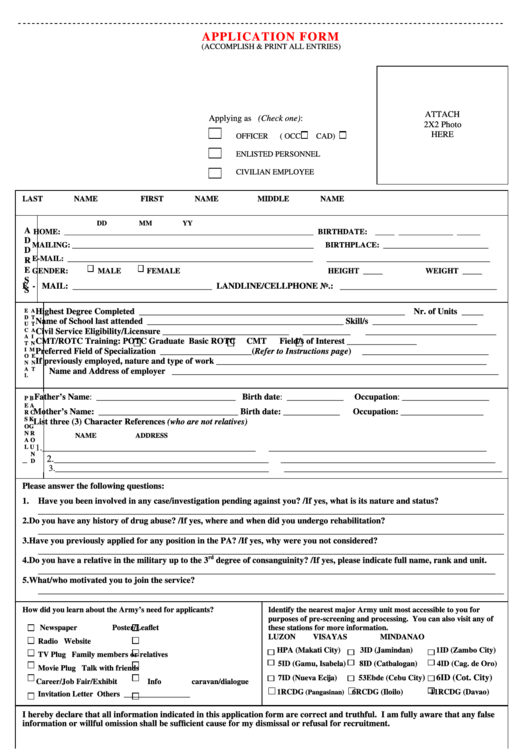 Recruitment Application Form - Philippine Army Printable pdf