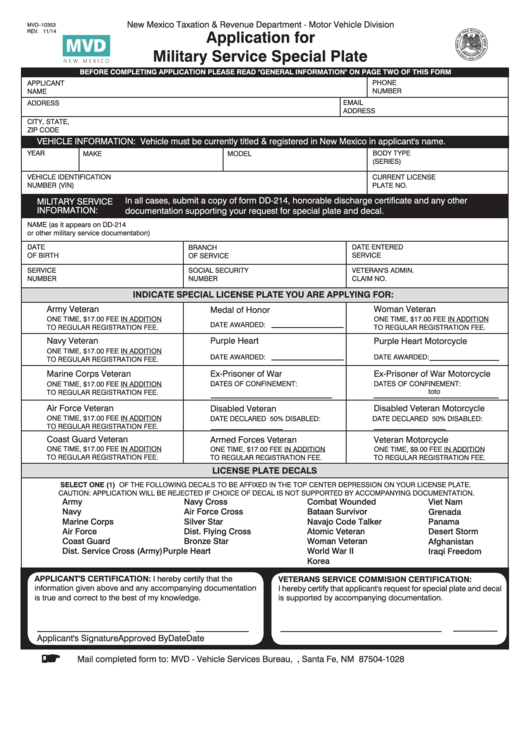 Form Mvd-10353 - Application For Military Service Special Plate