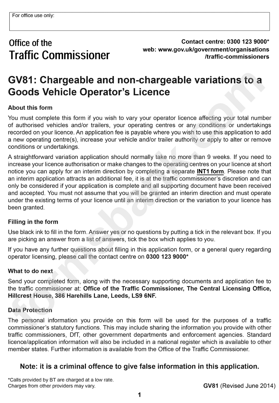 Form Gv81 - Chargeable And Non-Chargeable Variations To A Goods Vehicle Operator