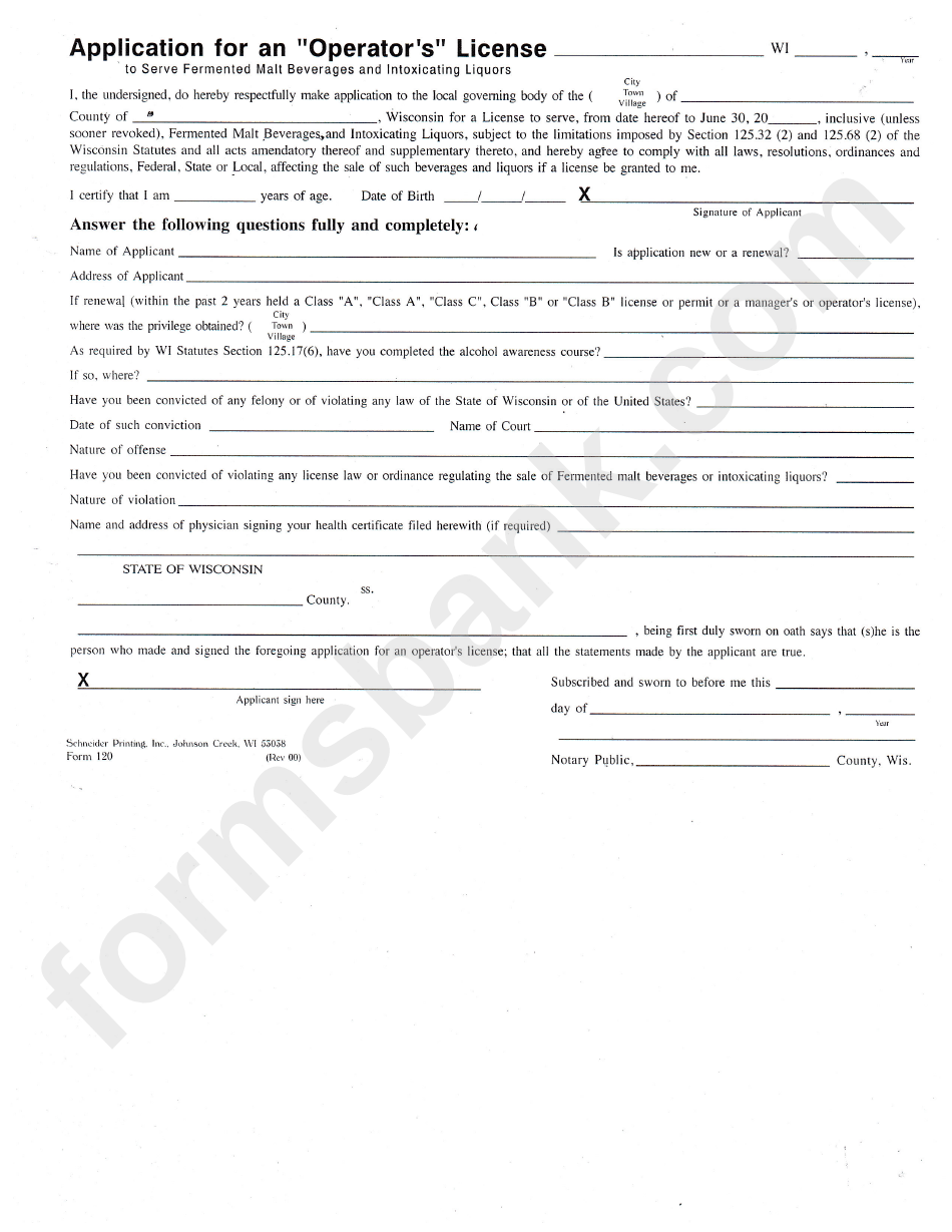 Form 120 - Application For An "Operator