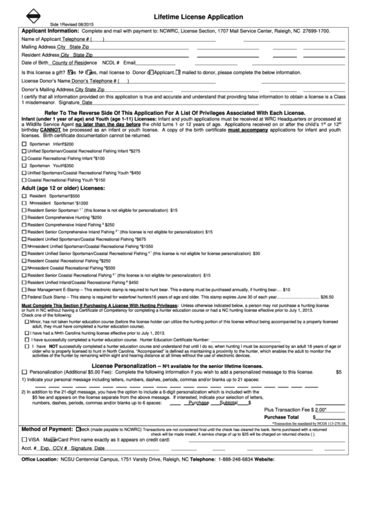 Lifetime License Application - N.c. Wildlife Resources Commission Printable pdf